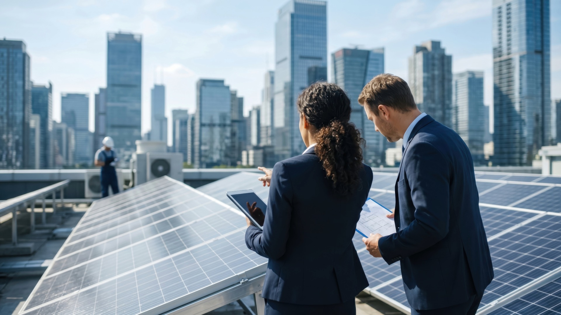 Commercial energy procurement specialists perform an energy audit on the roof of a commercial building with the city skyline in the background.