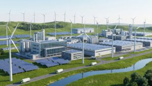 An industrial park using renewable energy procurement strategies with windmills and solar panels.