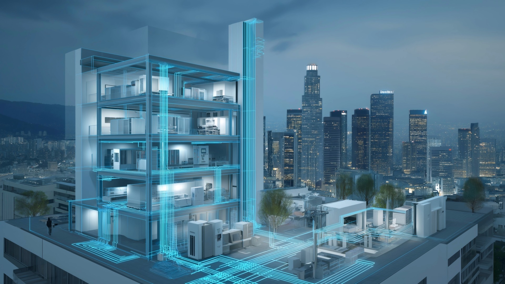 A commercial building with a blue light around it to show commercial energy procurement scalability options.