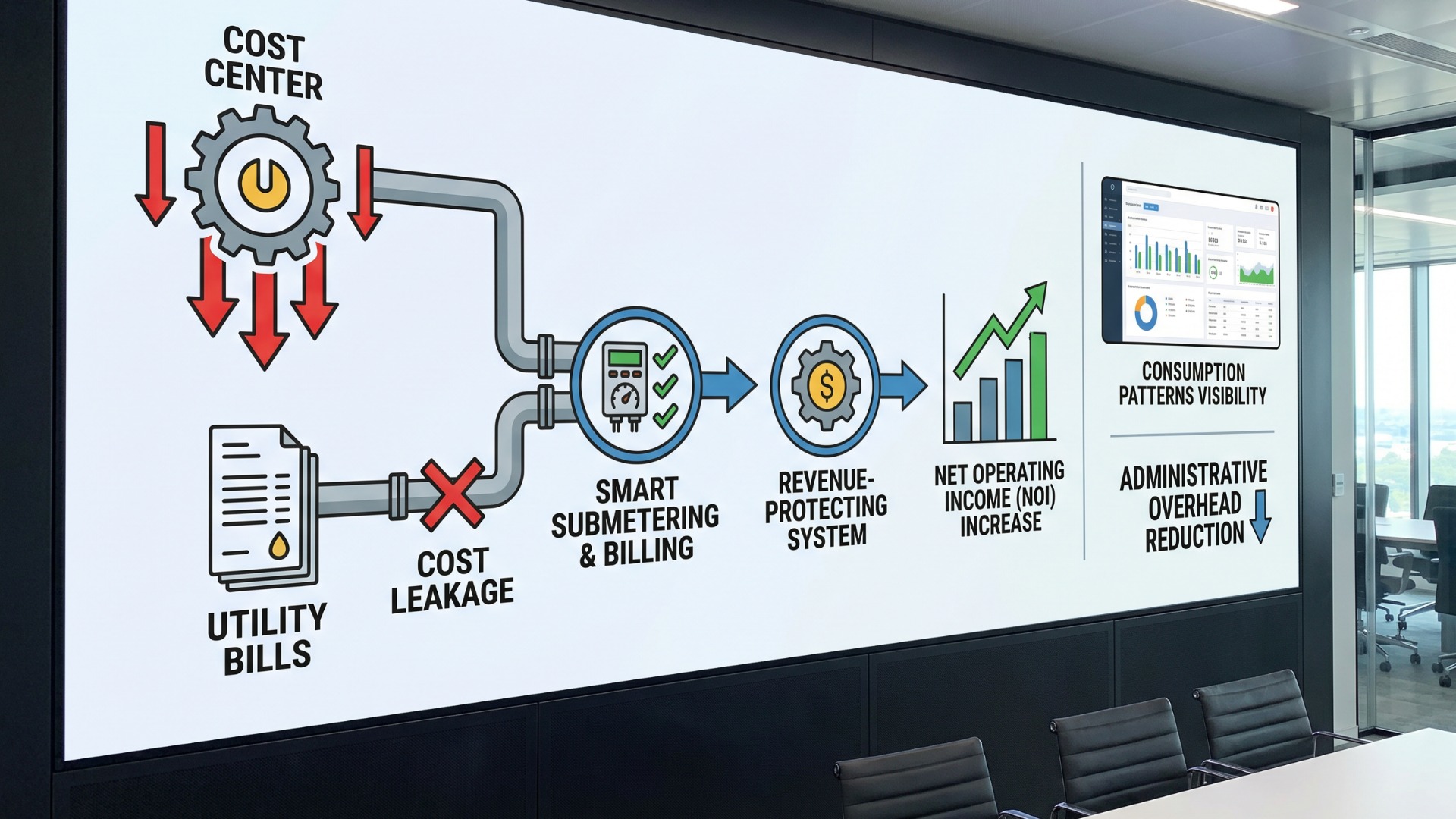 A whiteboard showing submetering energy procurement strategies and how they produce savings.