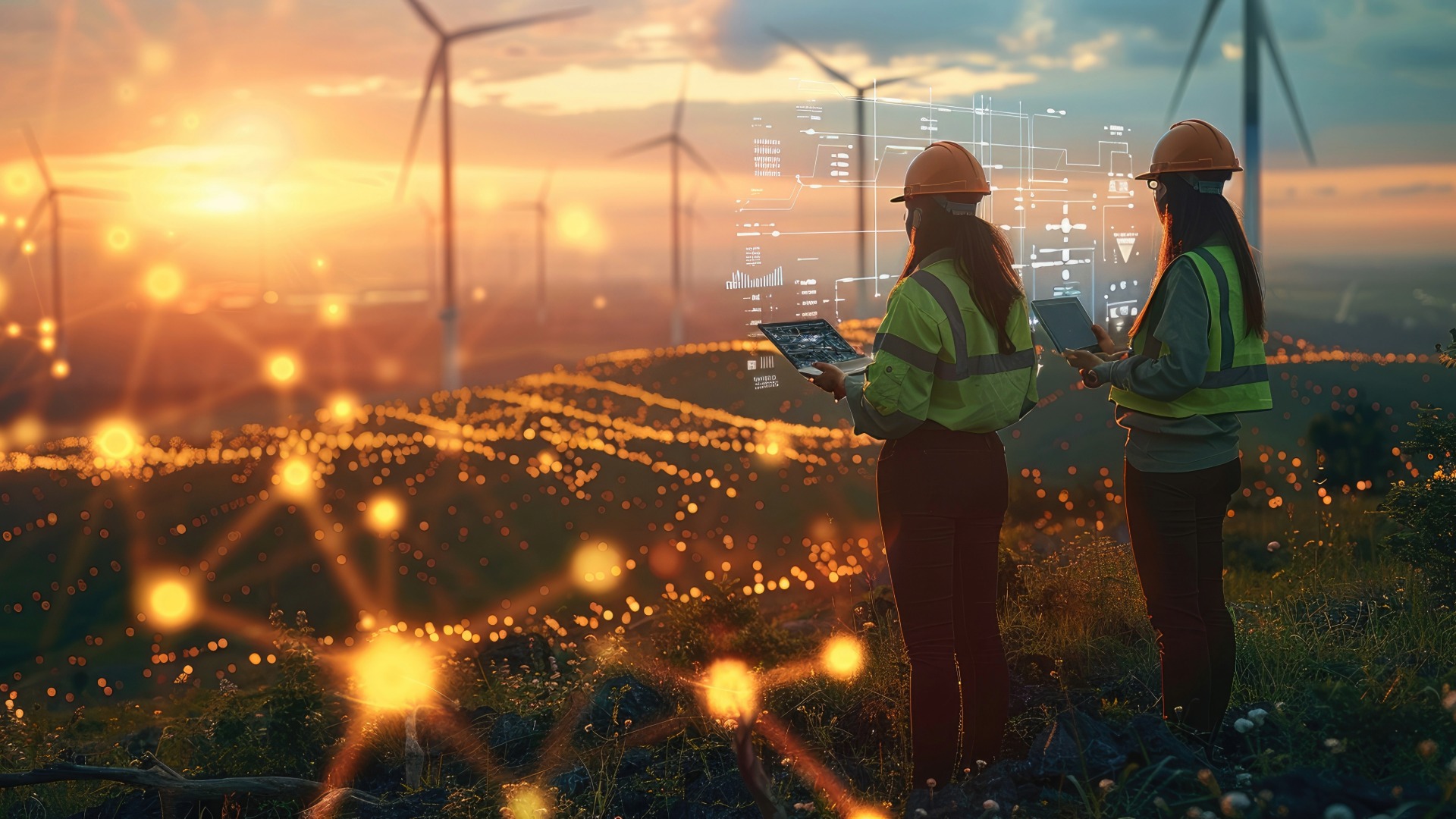 Two energy workers analyze energy procurement data.
