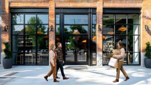 Shoppers walking in front of commercial property.