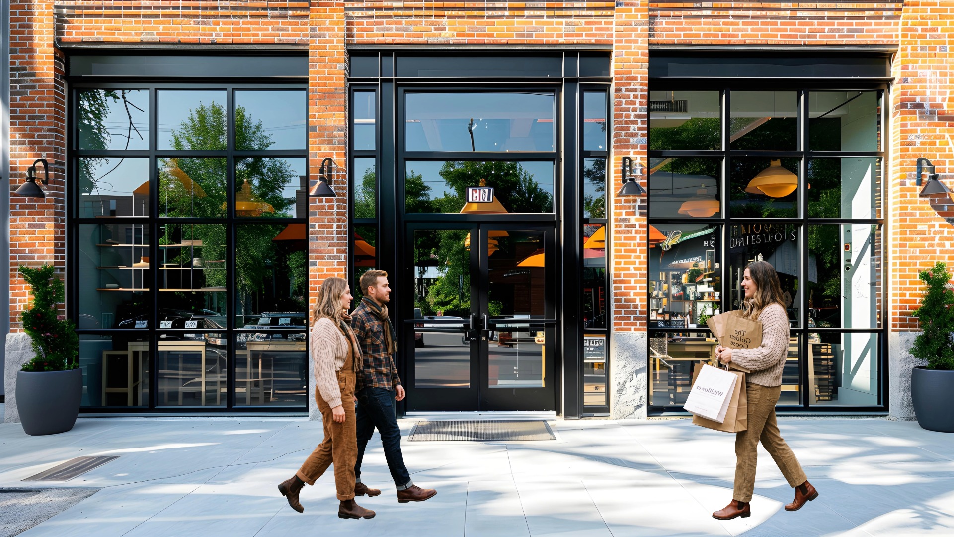 Shoppers walking in front of commercial property.