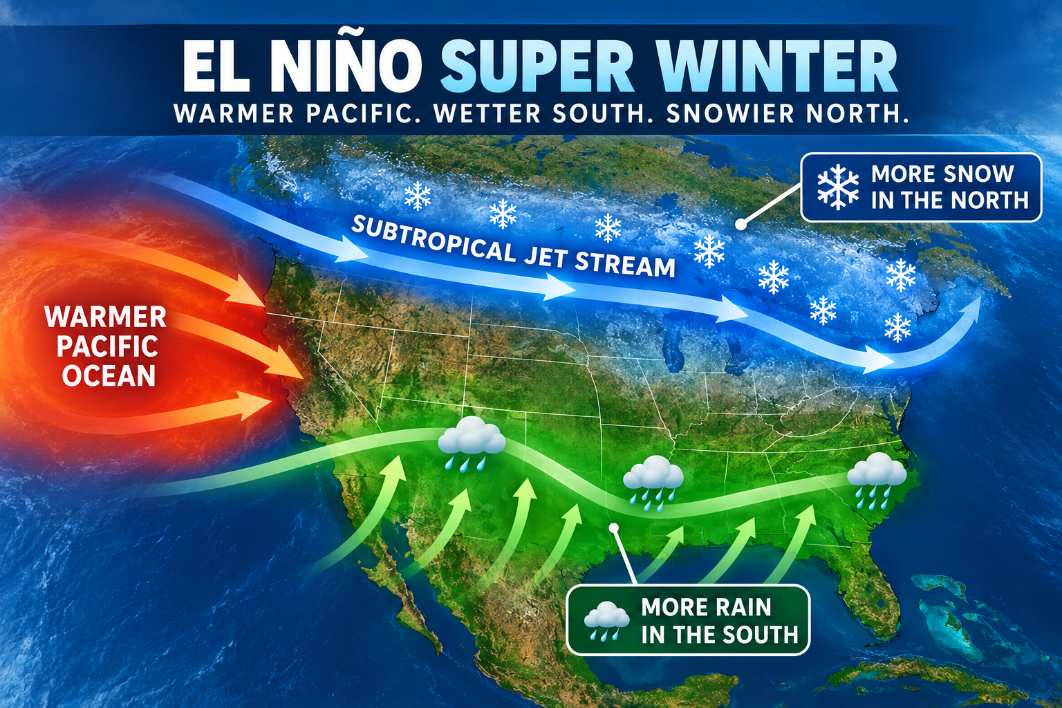 An illustration showing how El Nino will impact different parts of the U.S. for energy procurement strategy planning purposes.
