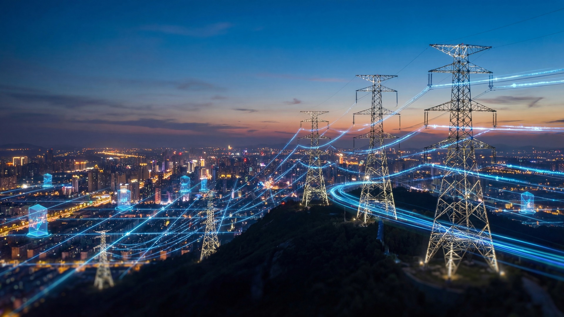 Power lines and energy flow lines depict the concept of integrated energy strategy