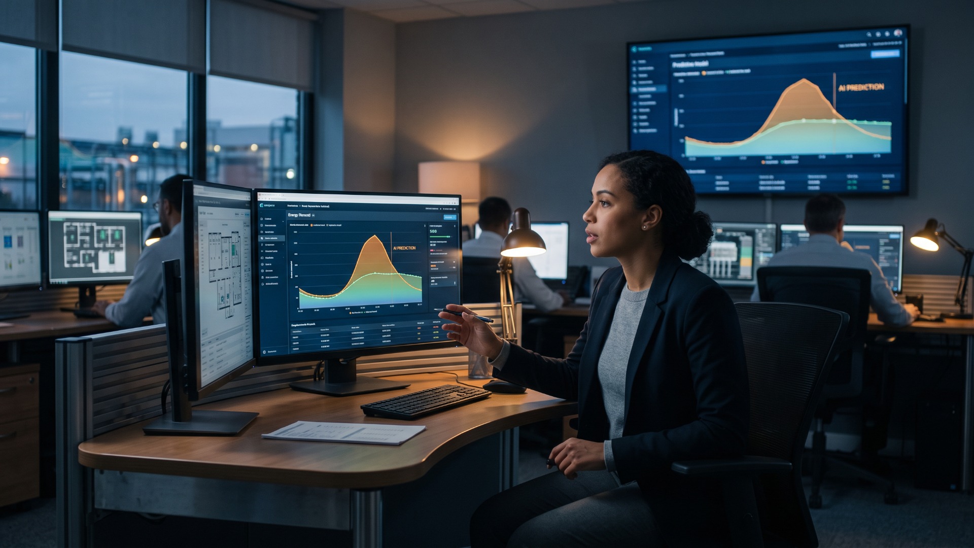 An woman uses peak load reduction tools to measure energy efficiency using an AI program on her computer.